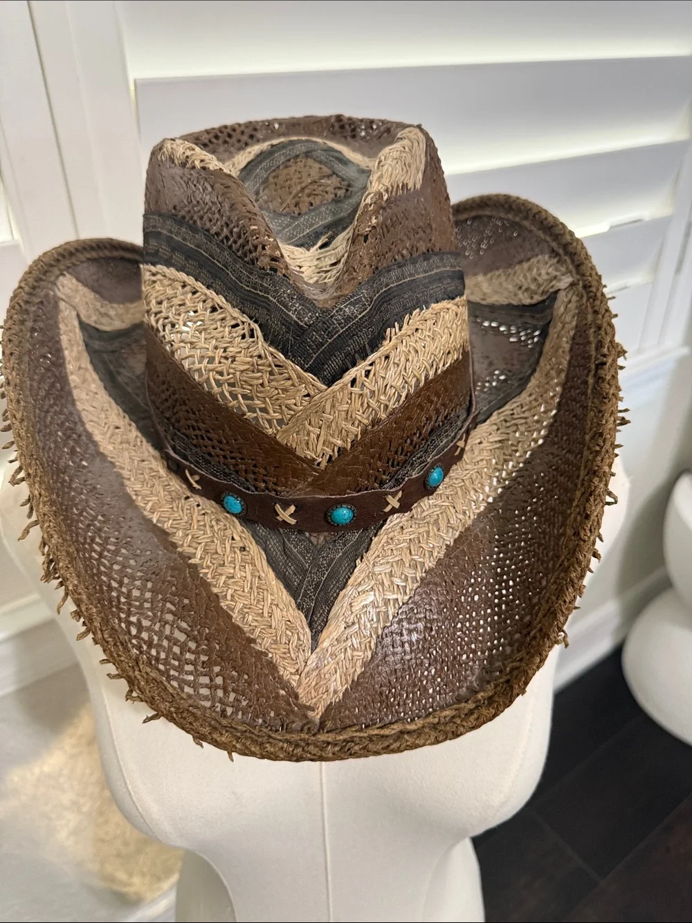 Brown Straw Cowboy Hat with Turquoise Accents